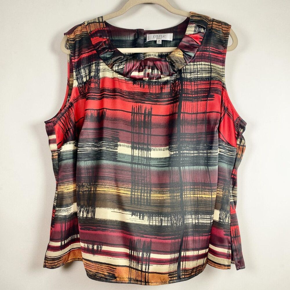Kasper Plus Size 2X Blouse Abstract Brushstroke Plaid Ruffle Neck Satin Shell